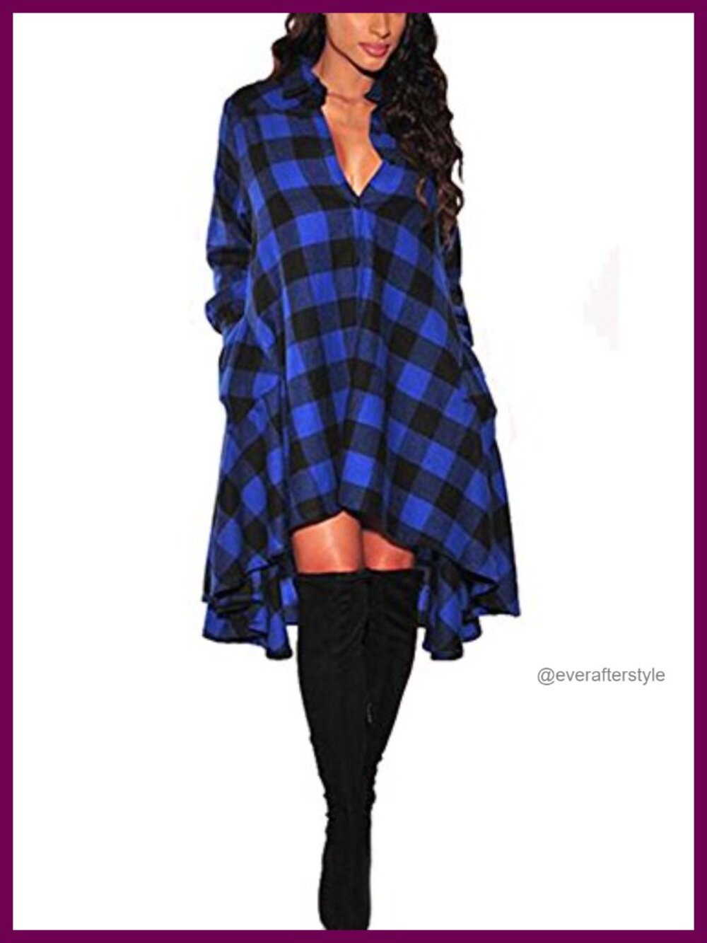 Womens Plaid V Neck Long Sleeve Irregular Hem Casual Shirt Dress